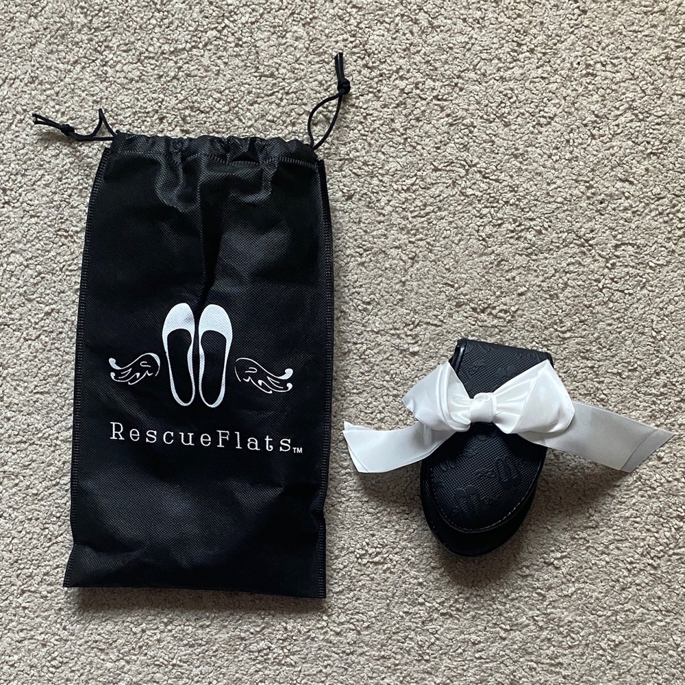 Brand New Rescue Flats Black Ballet Flats Medium With Bow Hair Tie In Bag